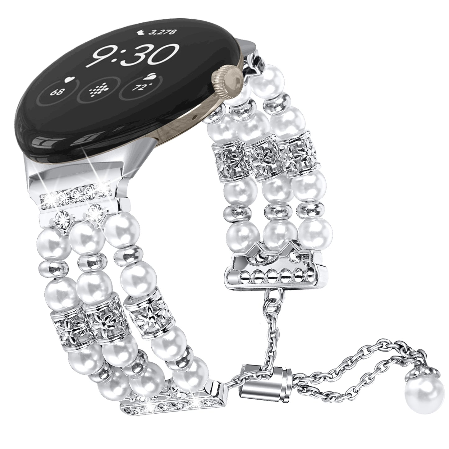 For Google Pixel WatchThree Rows Faux Pearls Beads Watch Band Replacement Wrist Strap Bracelet - Silver