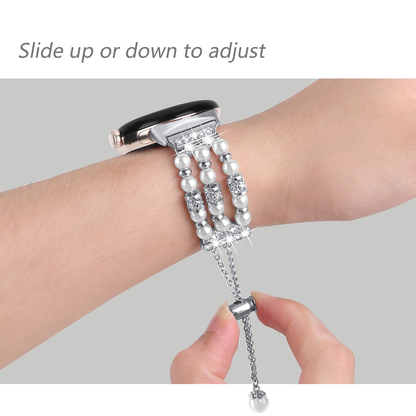 For Google Pixel WatchThree Rows Faux Pearls Beads Watch Band Replacement Wrist Strap Bracelet - Silver