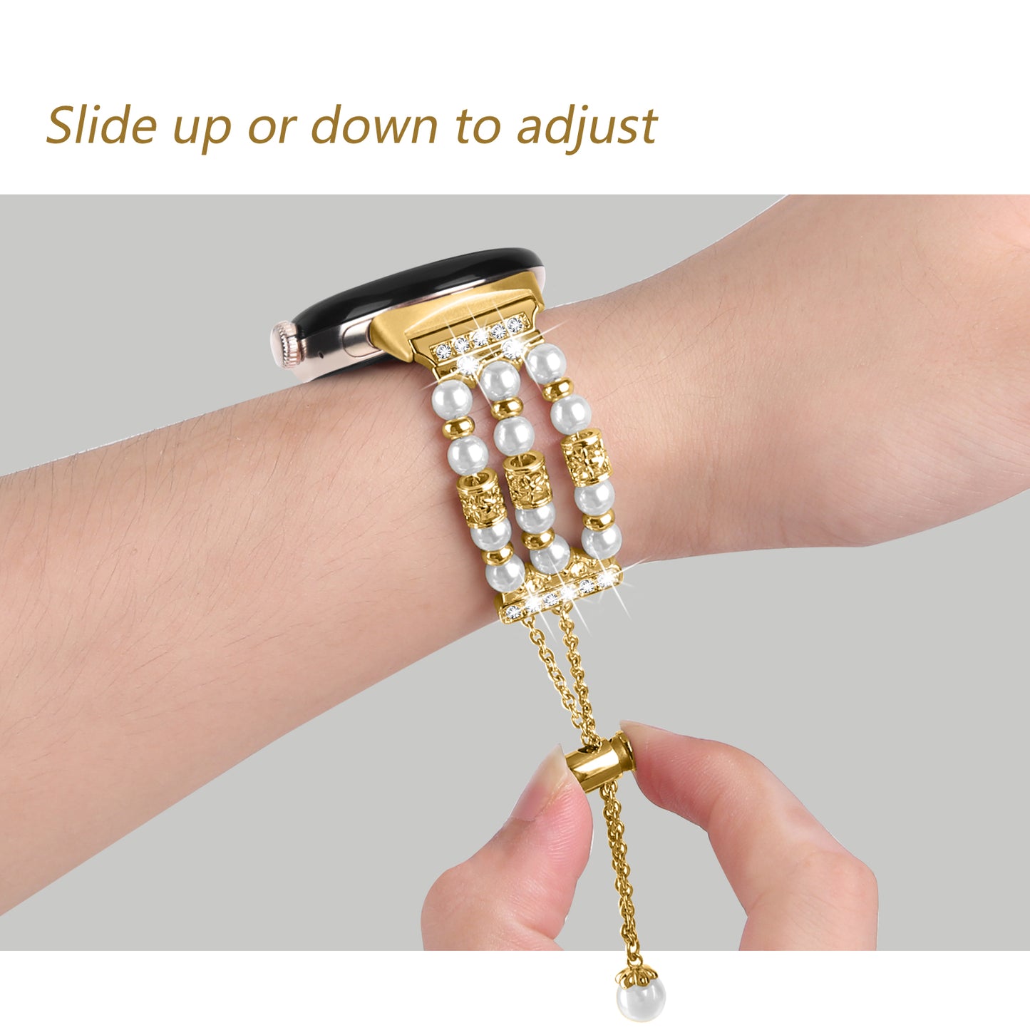 For Google Pixel WatchThree Rows Faux Pearls Beads Watch Band Replacement Wrist Strap Bracelet - Gold