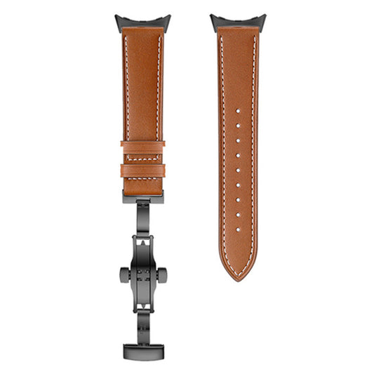 Butterfly Buckle Genuine Leather Strap for Google Pixel Watch, Replacement Watch Band - Black Buckle / Brown