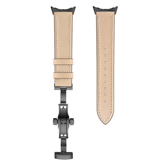 Butterfly Buckle Genuine Leather Strap for Google Pixel Watch, Replacement Watch Band - Black Buckle / Apricot