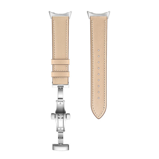 Butterfly Buckle Genuine Leather Strap for Google Pixel Watch, Replacement Watch Band - Silver Buckle / Apricot