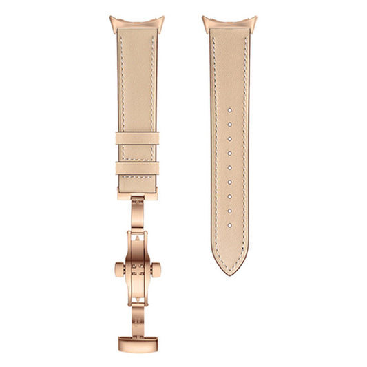Butterfly Buckle Genuine Leather Strap for Google Pixel Watch, Replacement Watch Band - Rose Gold Buckle / Apricot