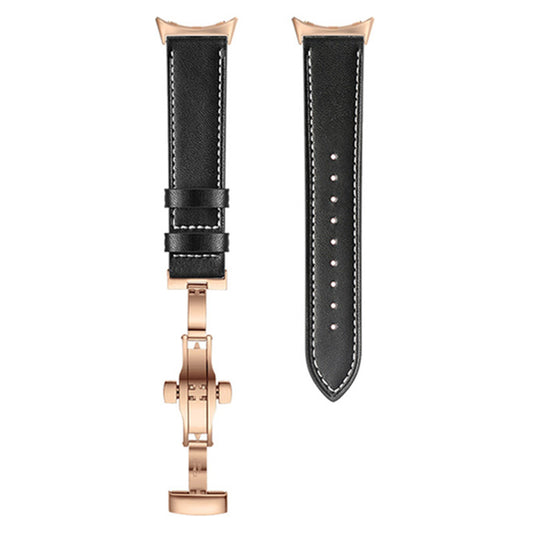 Butterfly Buckle Genuine Leather Strap for Google Pixel Watch, Replacement Watch Band - Rose Gold Buckle / Black