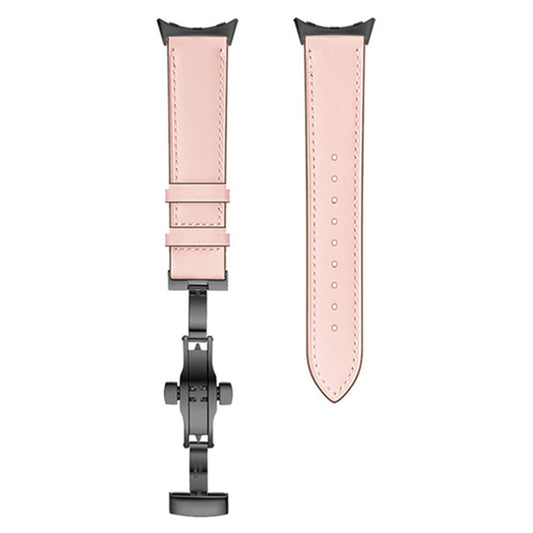 Butterfly Buckle Genuine Leather Strap for Google Pixel Watch, Replacement Watch Band - Black Buckle / Pink