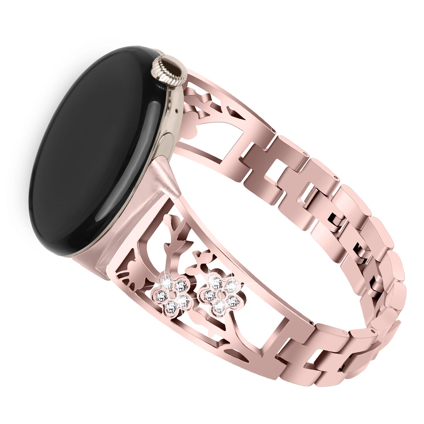For Google Pixel Watch 304 Stainless Steel Bracelet Rhinestone Decor Plum Wrist Strap Detachable Watch Band - Rose Pink