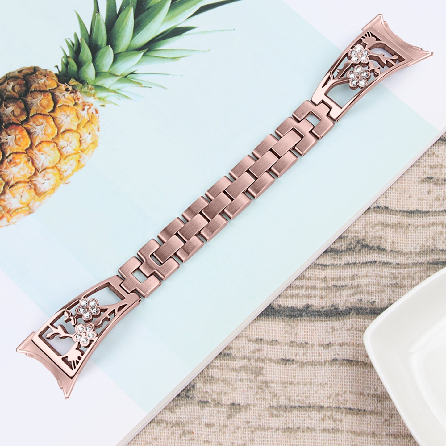 For Google Pixel Watch 304 Stainless Steel Bracelet Rhinestone Decor Plum Wrist Strap Detachable Watch Band - Rose Pink