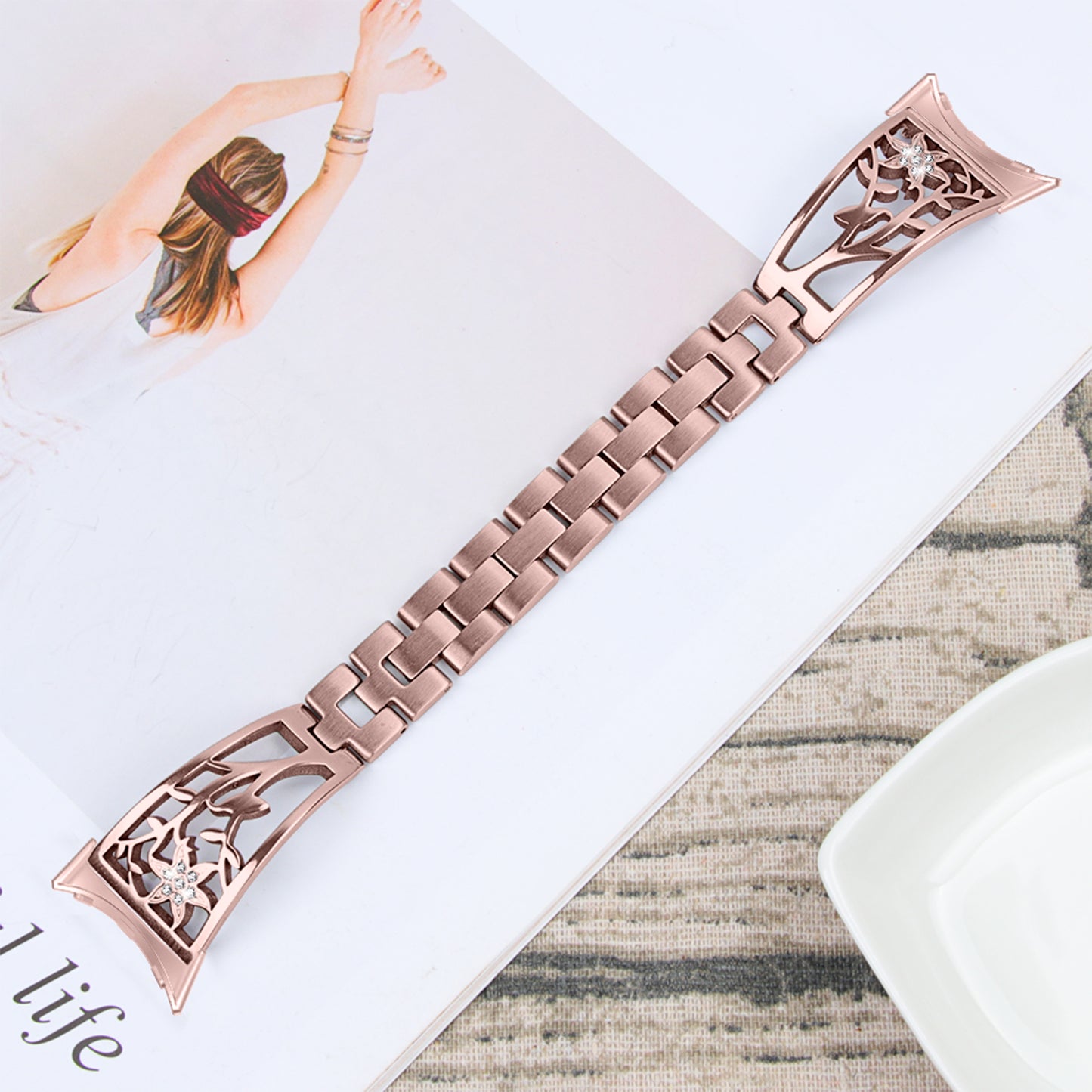Metal Watch Band for Google Pixel Watch Rhinestone Decorated Watch Strap - Rose Pink