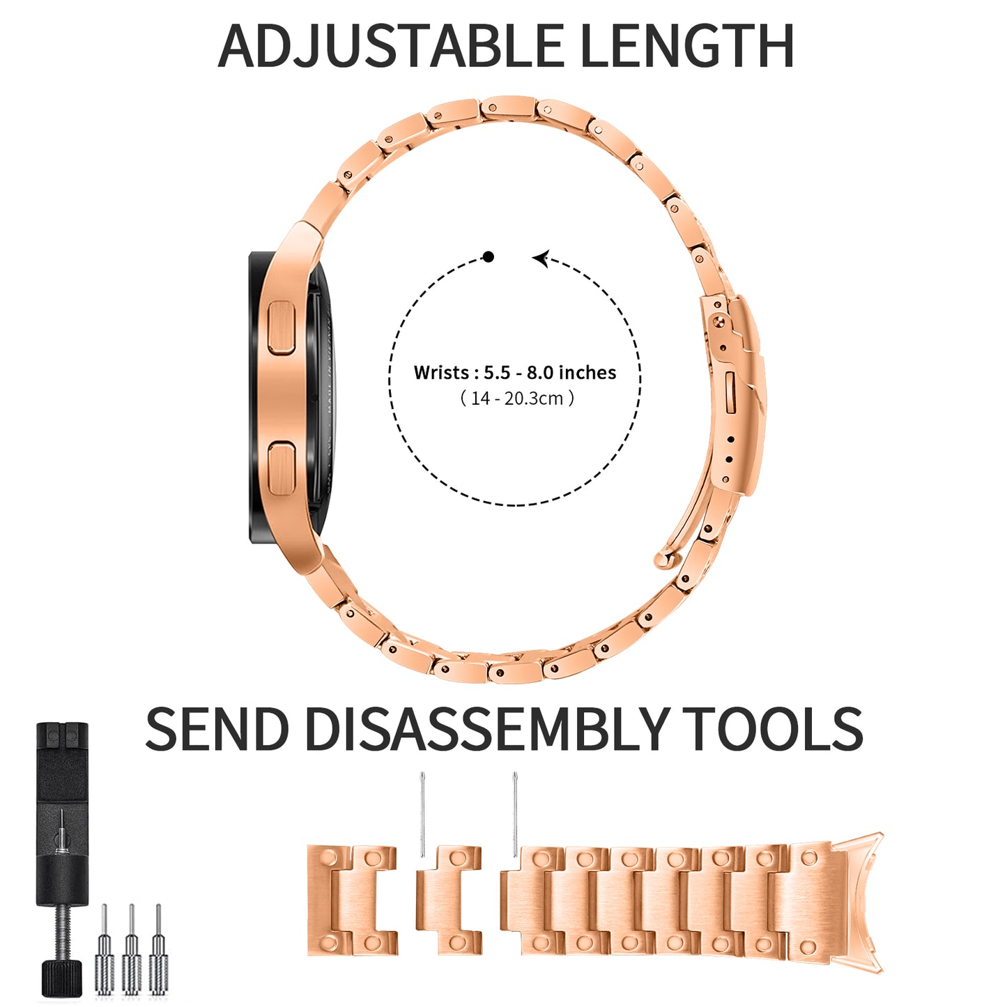 For Samsung Galaxy Watch4 Active 40mm 44mm / Watch4 Classic 42mm 46mm Smart Watch Strap 20mm Stainless Steel Watchband - Rose Gold