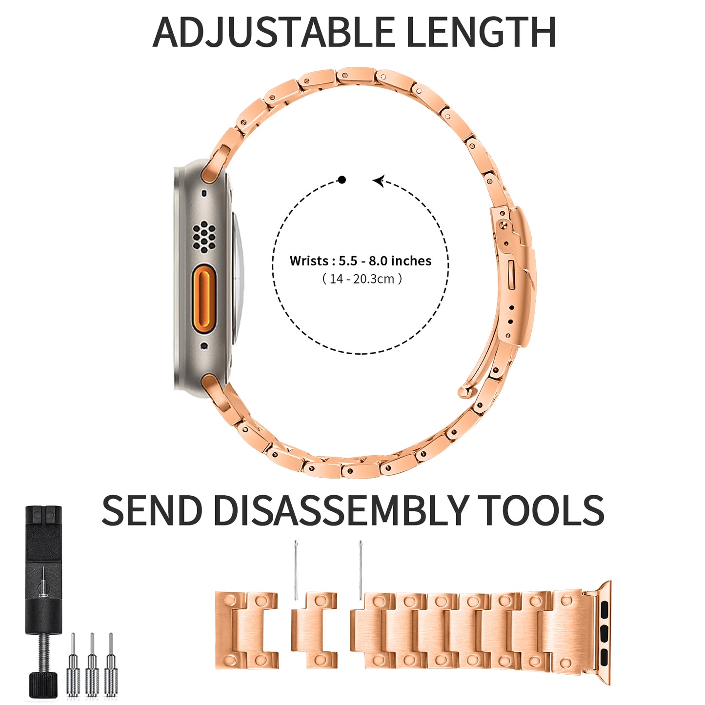 for Apple Watch Series 8 / 7 41mm / 6 / 5 / 4 / SE (2020) / SE (2022) 40mm / 3 / 2 / 1 38mm Watch Strap Replacement Stainless Steel Watch Band - Rose Gold