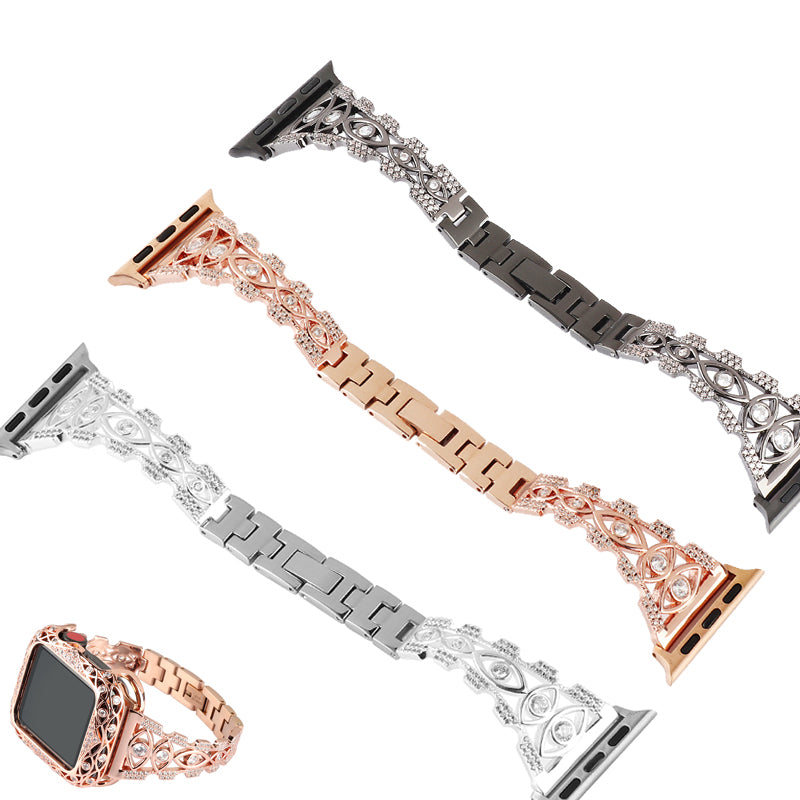 Rhinestone Decor Metal Watch Band for Apple Watch Ultra 49mm / Series 8 / 7 45mm / Series 6 / 5 / 4 / SE (2022) / SE 44mm / Series 3 / 2 / 1 42mm Eye Design Bracelet Strap - Gold