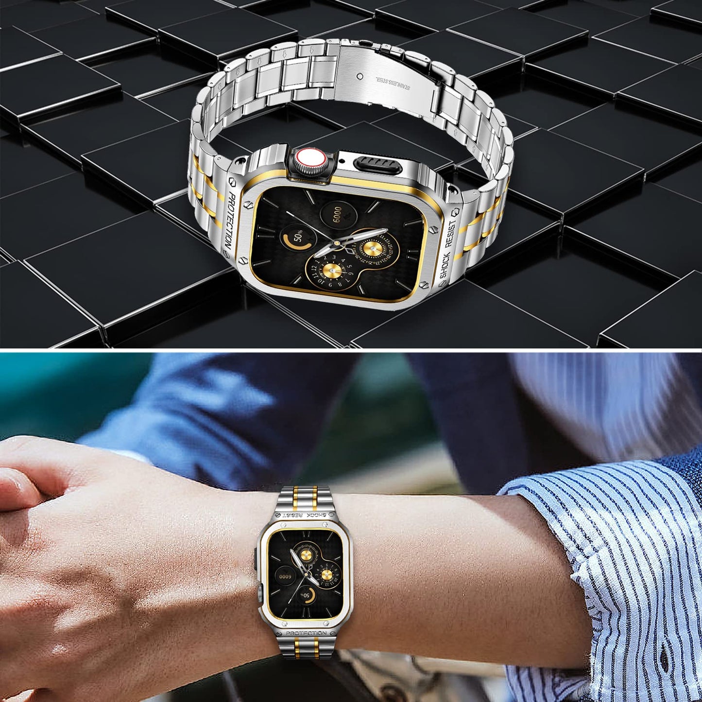 For Apple Watch Series 8 / 7 45mm / Series 6 / 5 / 4 / SE (2022) / SE 44mm 5 Beads Metal Watch Strap Integral Watch Band with Case - Silver / Gold