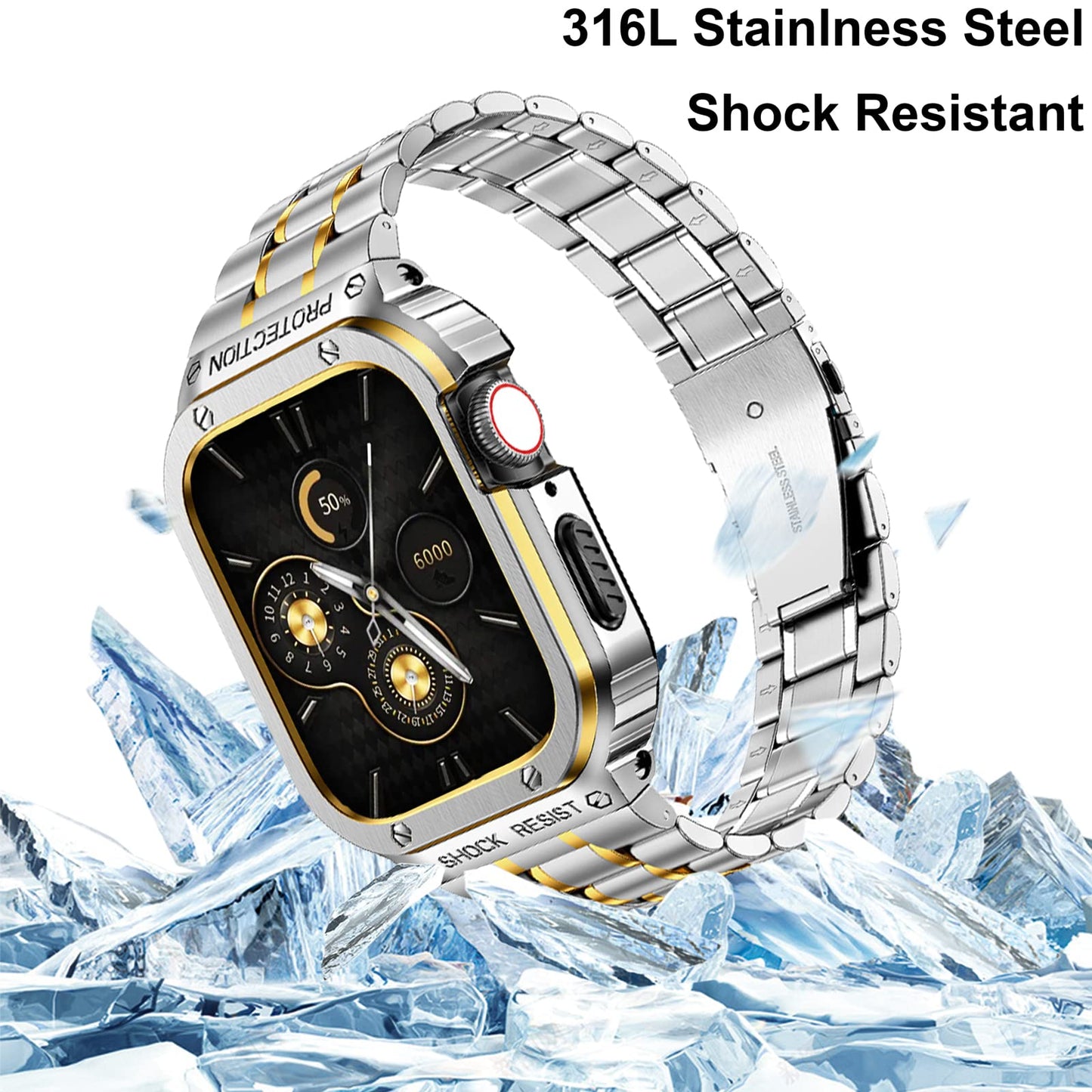 For Apple Watch Series 8 / 7 45mm / Series 6 / 5 / 4 / SE (2022) / SE 44mm 5 Beads Metal Watch Strap Integral Watch Band with Case - Silver / Gold