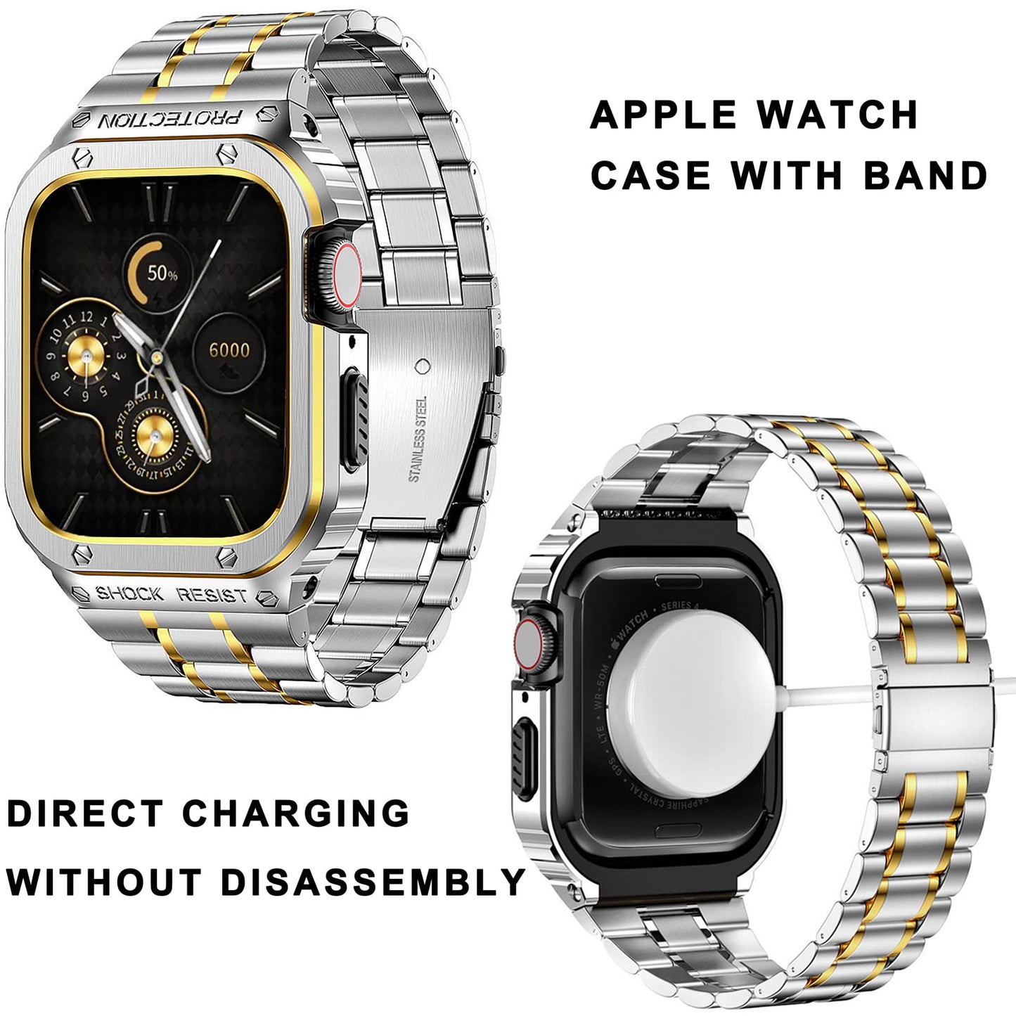 For Apple Watch Series 8 / 7 45mm / Series 6 / 5 / 4 / SE (2022) / SE 44mm 5 Beads Metal Watch Strap Integral Watch Band with Case - Silver / Gold
