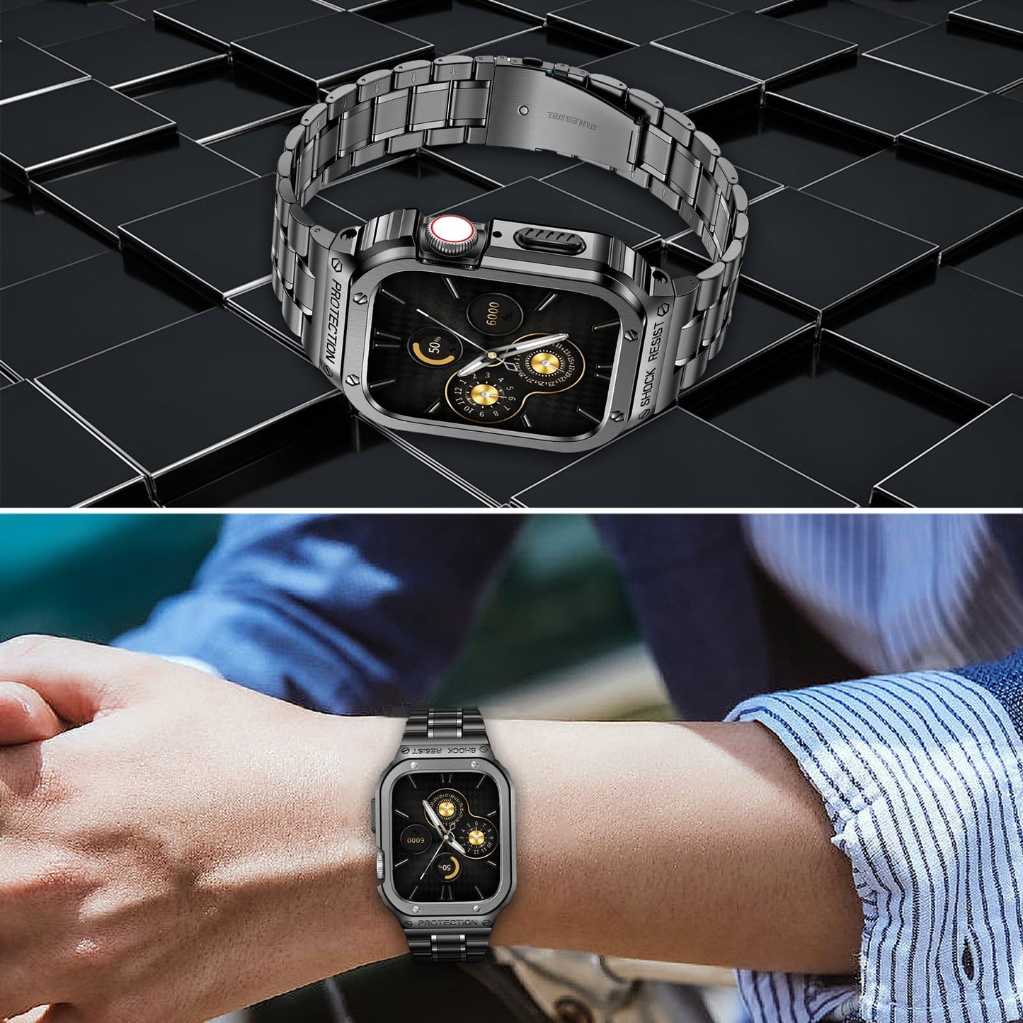 5 Beads Metal Watch Strap for Apple Watch Ultra 49mm Integral Watch Band Replacement with Case - Tarnish