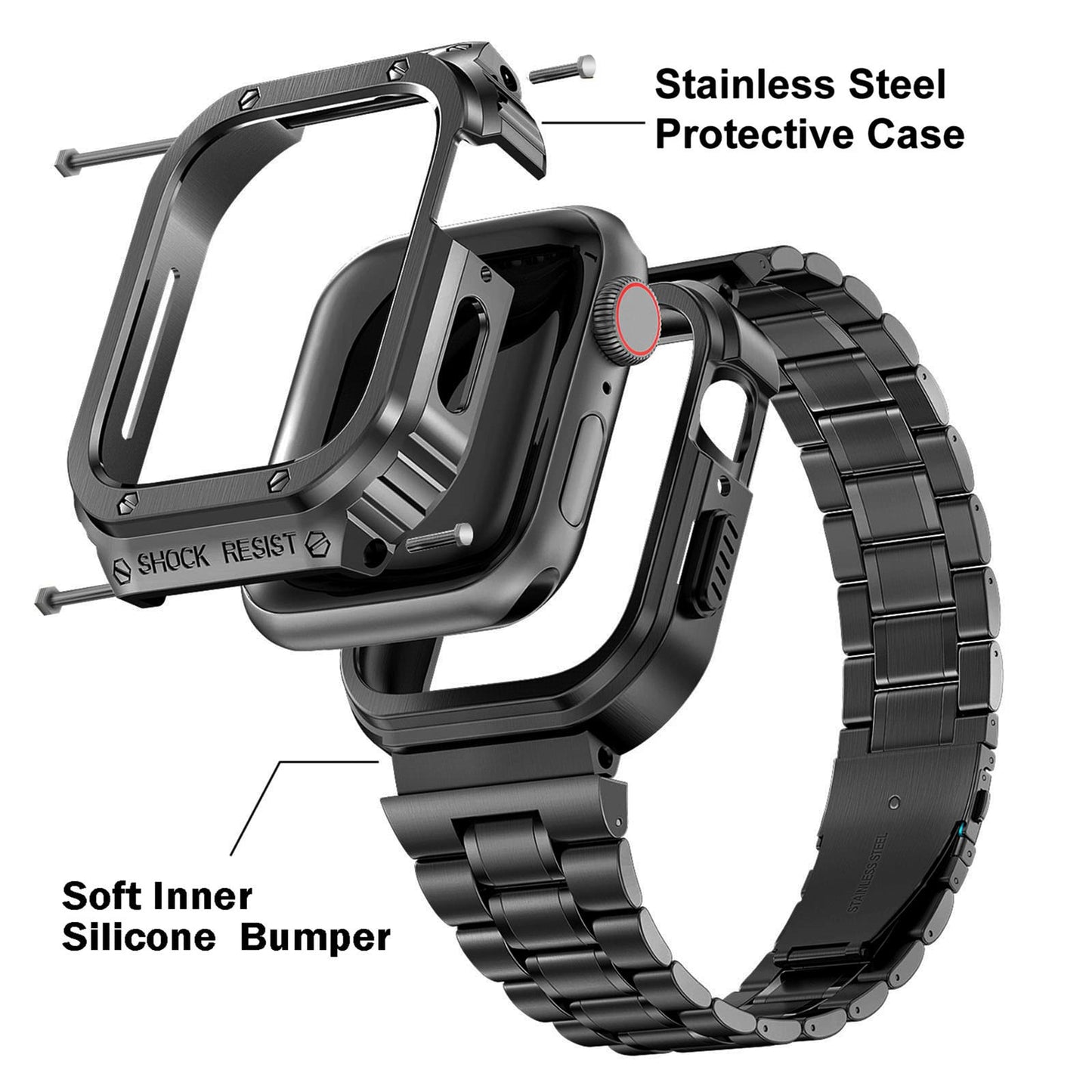 5 Beads Metal Watch Strap for Apple Watch Ultra 49mm Integral Watch Band Replacement with Case - Black