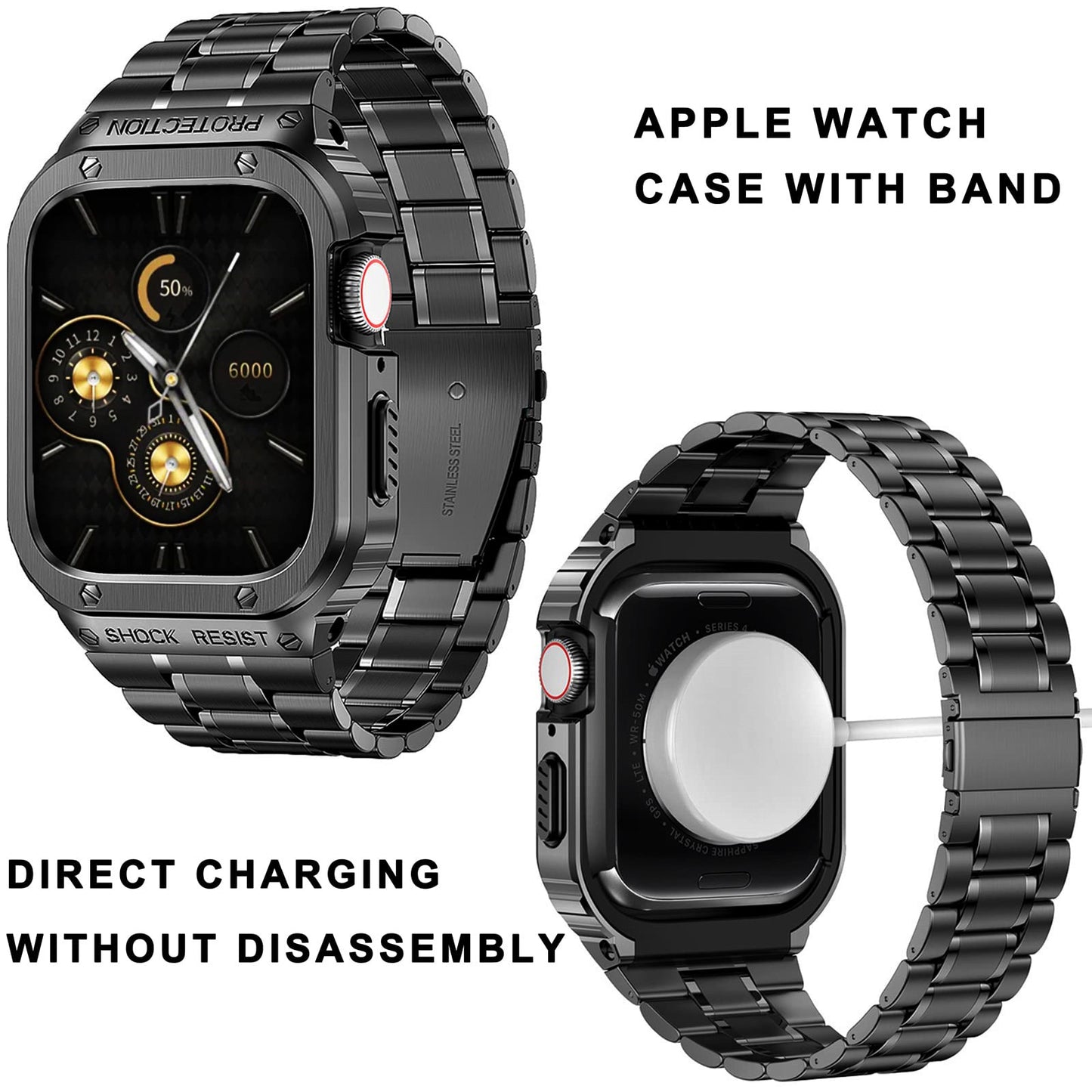 5 Beads Metal Watch Strap for Apple Watch Ultra 49mm Integral Watch Band Replacement with Case - Black