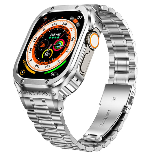 5 Beads Metal Watch Strap for Apple Watch Ultra 49mm Integral Watch Band Replacement with Case - Silver