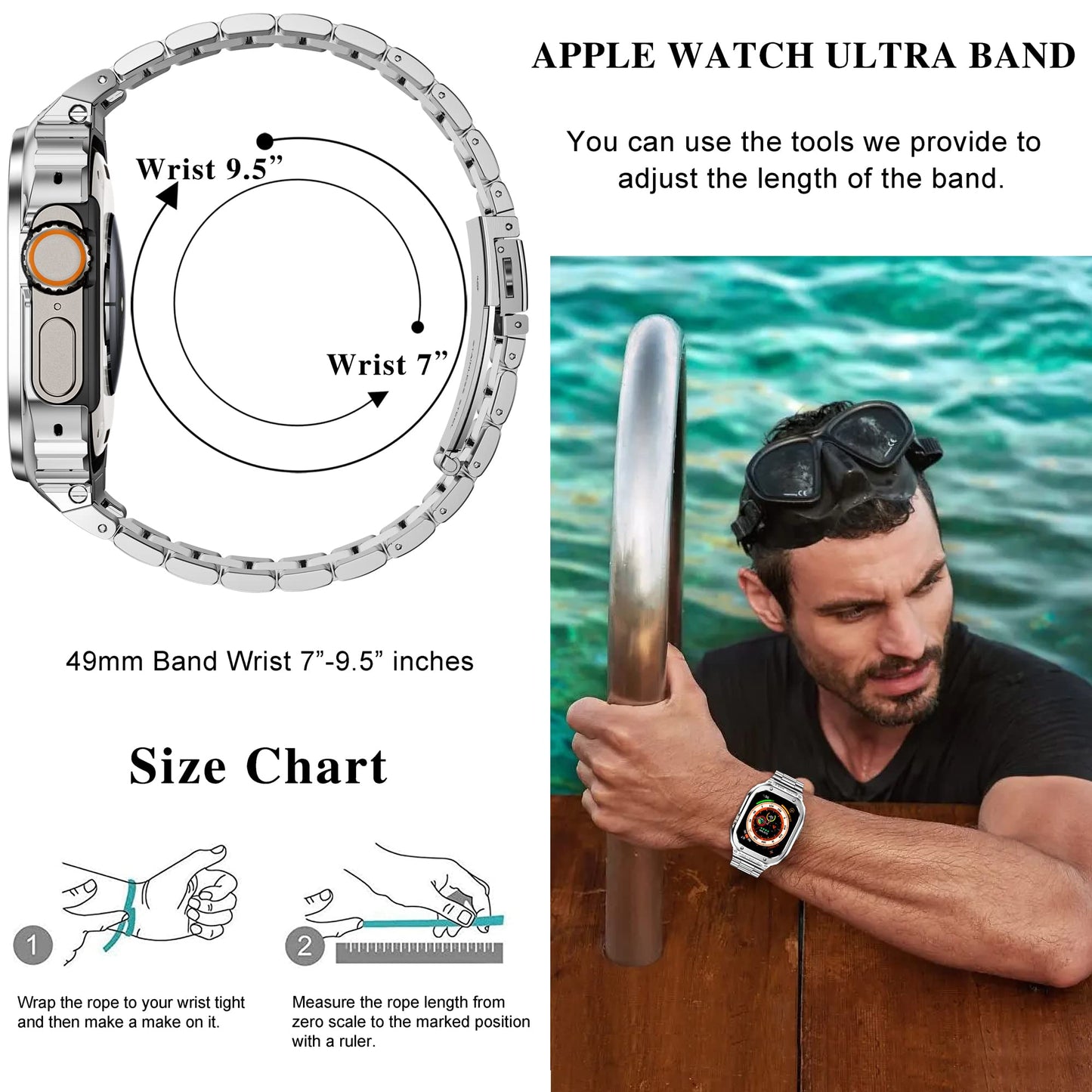5 Beads Metal Watch Strap for Apple Watch Ultra 49mm Integral Watch Band Replacement with Case - Silver