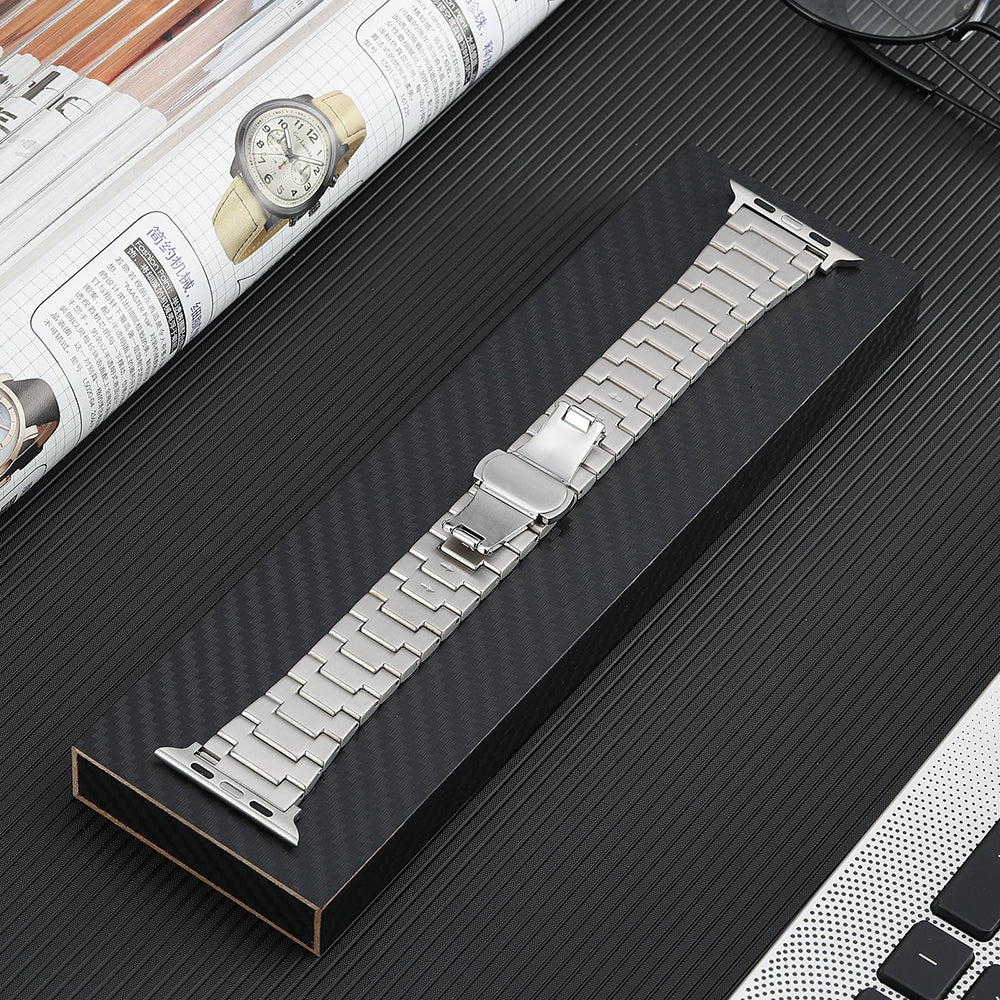 Titanium Steel Watch Band for Apple Watch Series 1 2 3 38mm / Series 4 5 6 SE (2022) SE 40mm / Series 7 8 41mm , 3-Bead Metal Strap with Butterfly Clasp - Silver