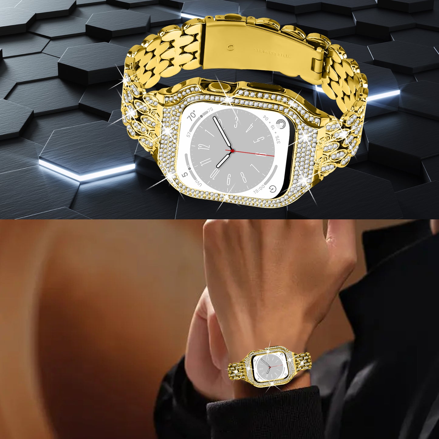 For Apple Watch Series 6 5 4 SE (2022) SE 40mm Watch Band Stainless Steel Rhinestone Decor Strap with Watch Case - Gold