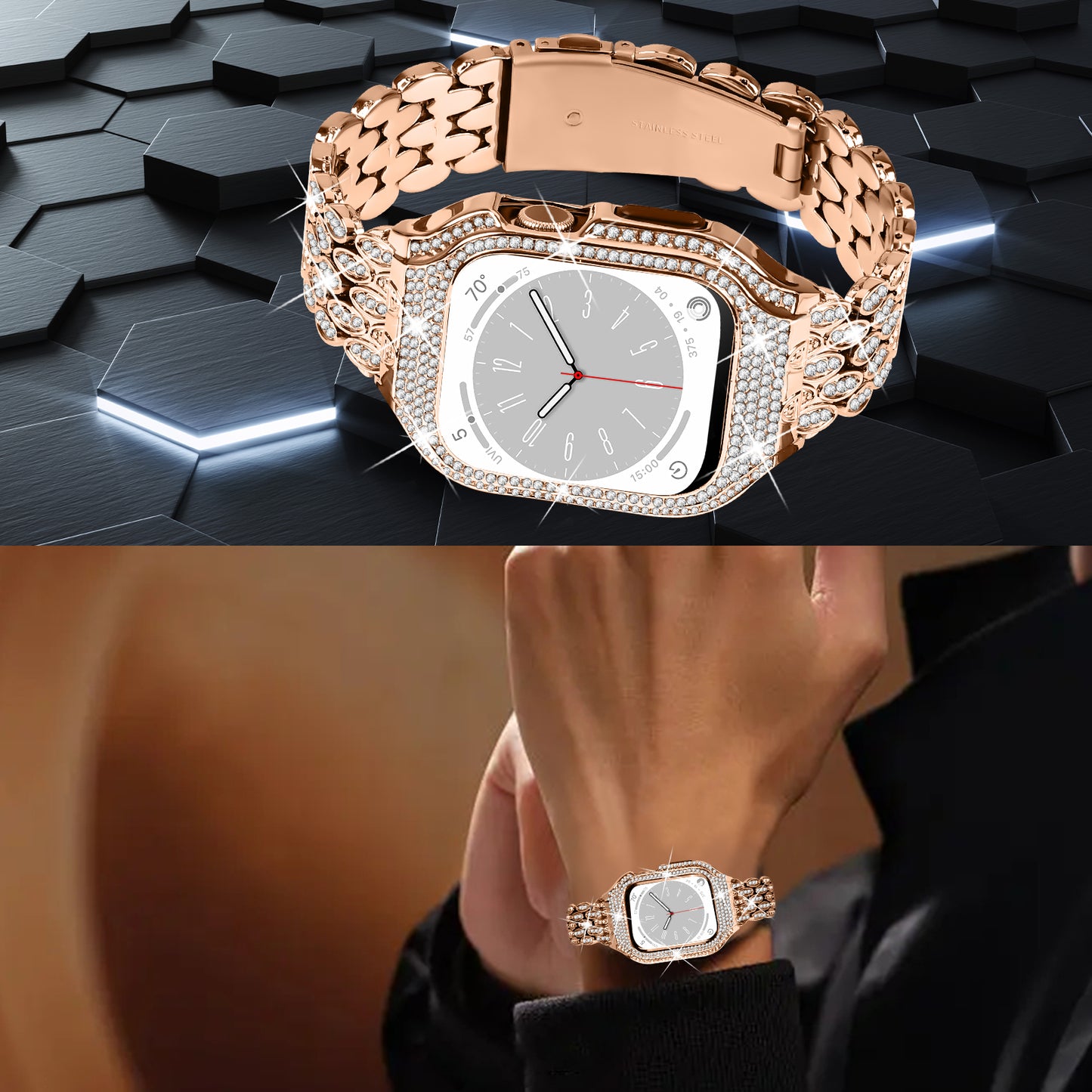 For Apple Watch Series 6 5 4 SE (2022) SE 40mm Watch Band Stainless Steel Rhinestone Decor Strap with Watch Case - Rose Gold