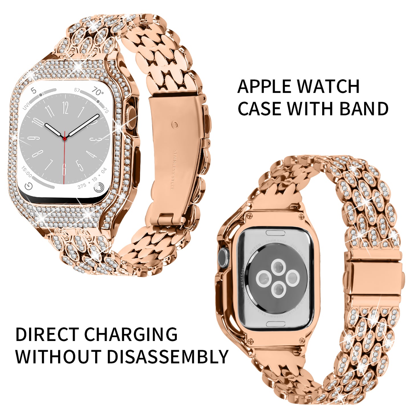For Apple Watch Series 6 5 4 SE (2022) SE 40mm Watch Band Stainless Steel Rhinestone Decor Strap with Watch Case - Rose Gold