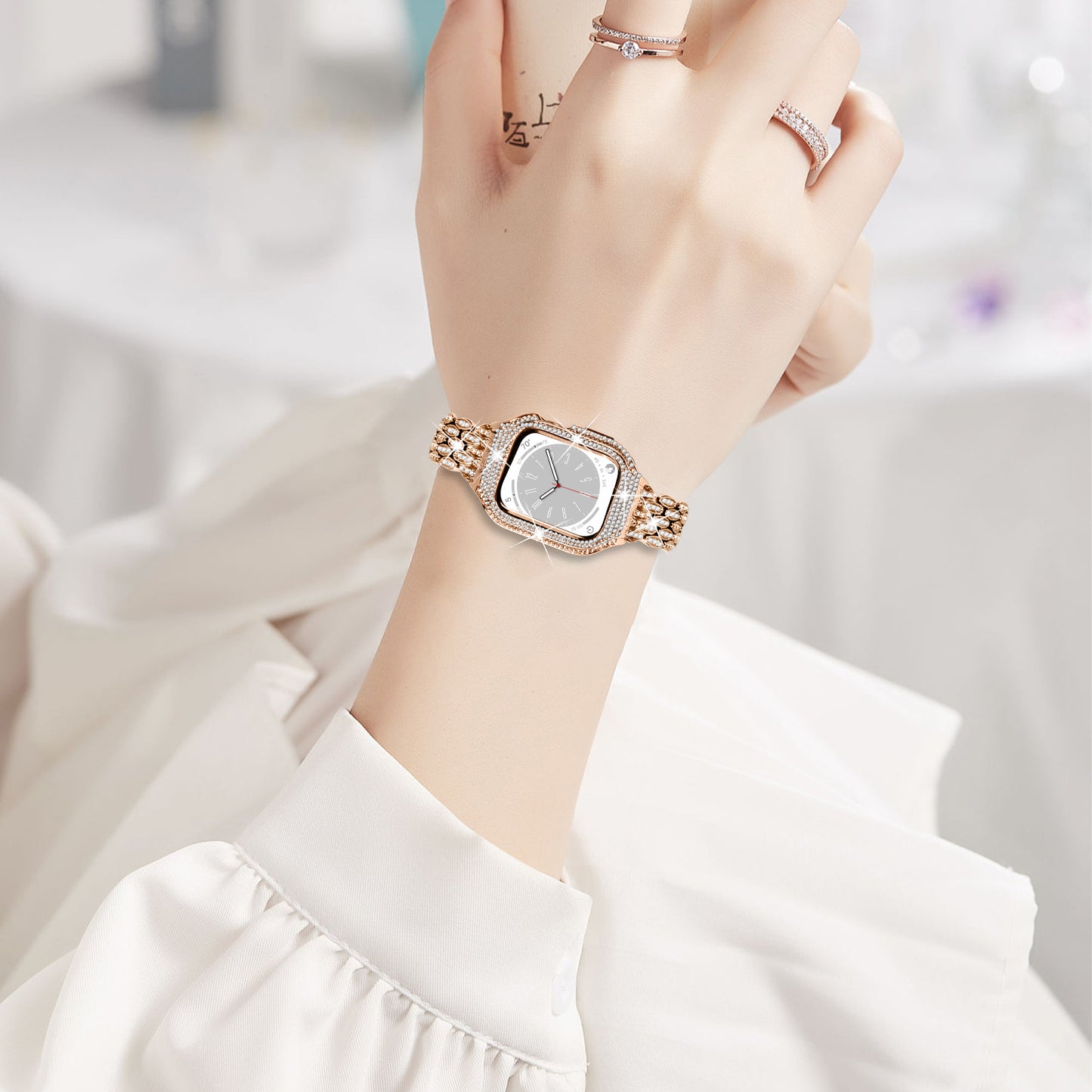 For Apple Watch Series 6 5 4 SE (2022) SE 40mm Watch Band Stainless Steel Rhinestone Decor Strap with Watch Case - Rose Gold