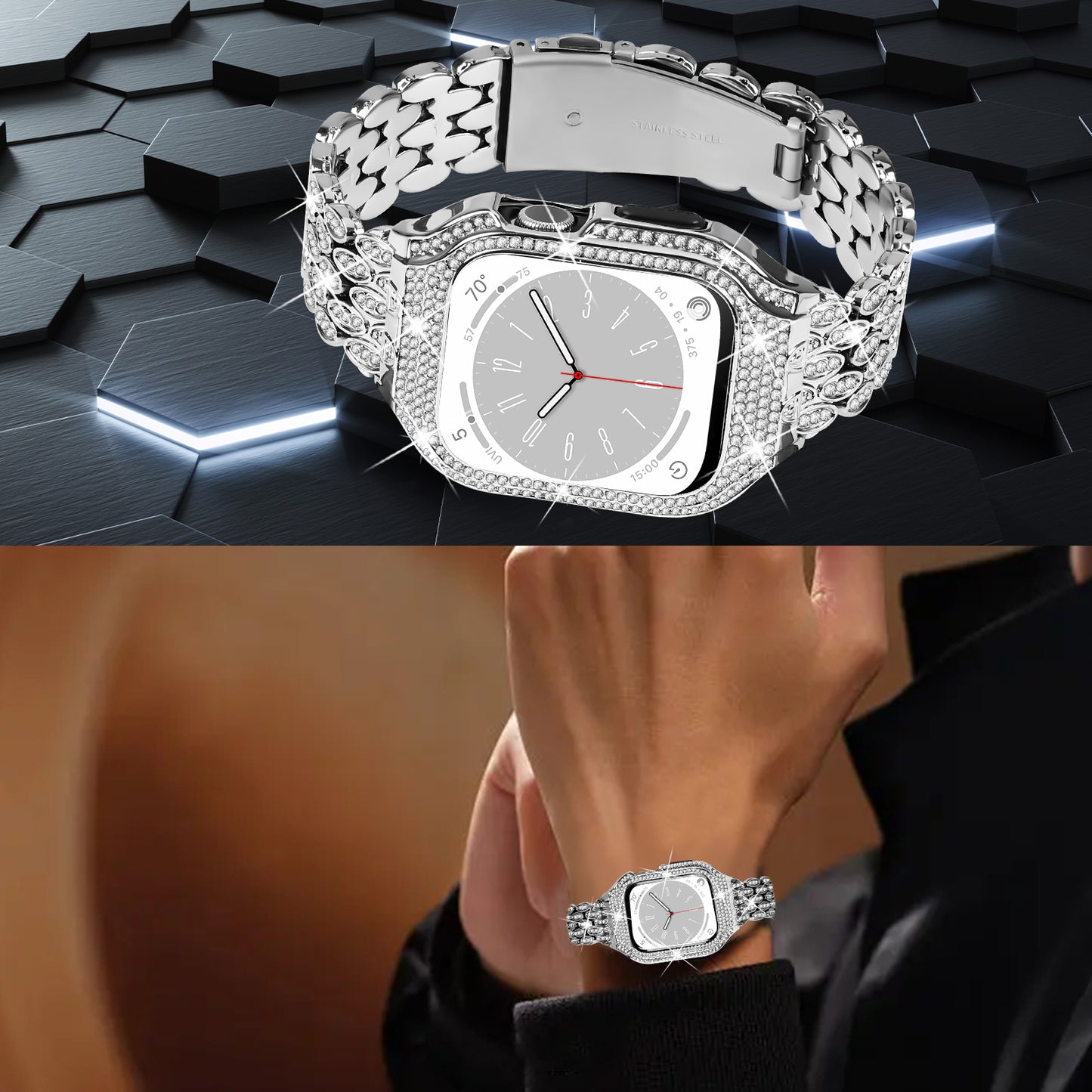 For Apple Watch Series 6 5 4 SE (2022) SE 40mm Watch Band Stainless Steel Rhinestone Decor Strap with Watch Case - Silver