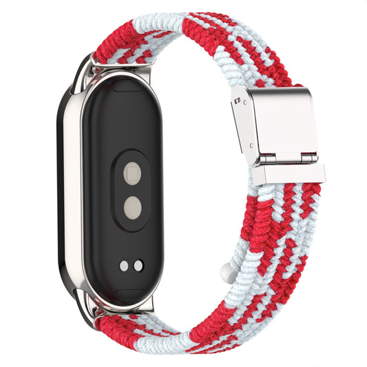 Uniqkart for Xiaomi Smart Band 8 Braided Nylon Watch Band Adjustable Buckle Elastic Strap - Red / White