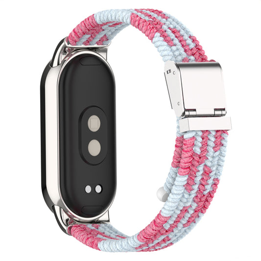 Uniqkart for Xiaomi Smart Band 8 Braided Nylon Watch Band Adjustable Buckle Elastic Strap - Pink / White