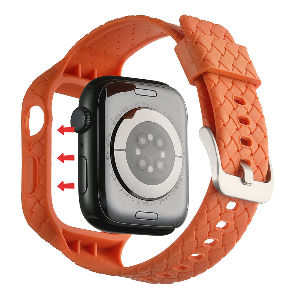Uniqkart for Apple Watch Series 8  /  7 41mm Woven Texture TPU Wrist Band Integrated Watch Strap with Case - Orange
