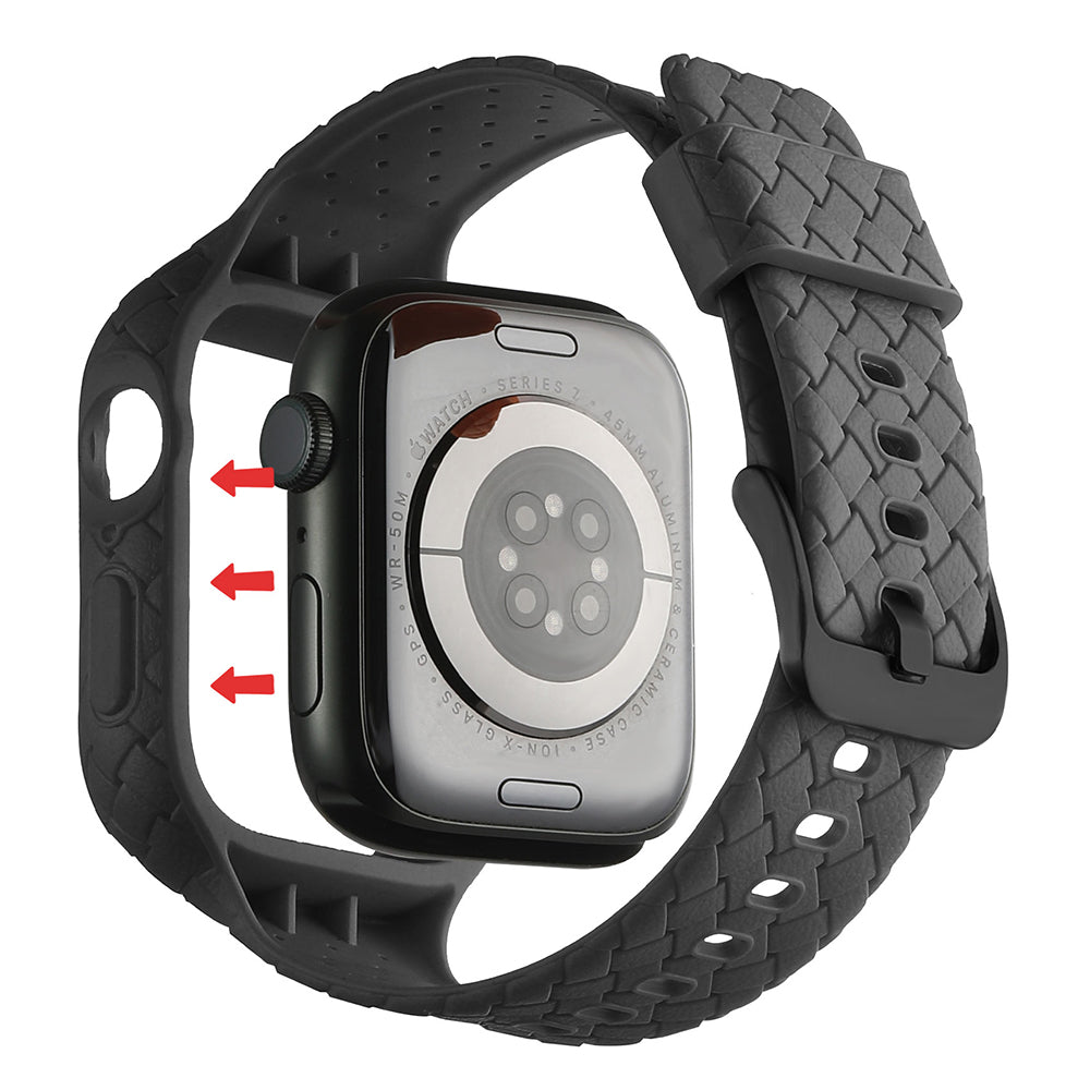 Uniqkart for Apple Watch Series 8  /  7 41mm Woven Texture TPU Wrist Band Integrated Watch Strap with Case - Black