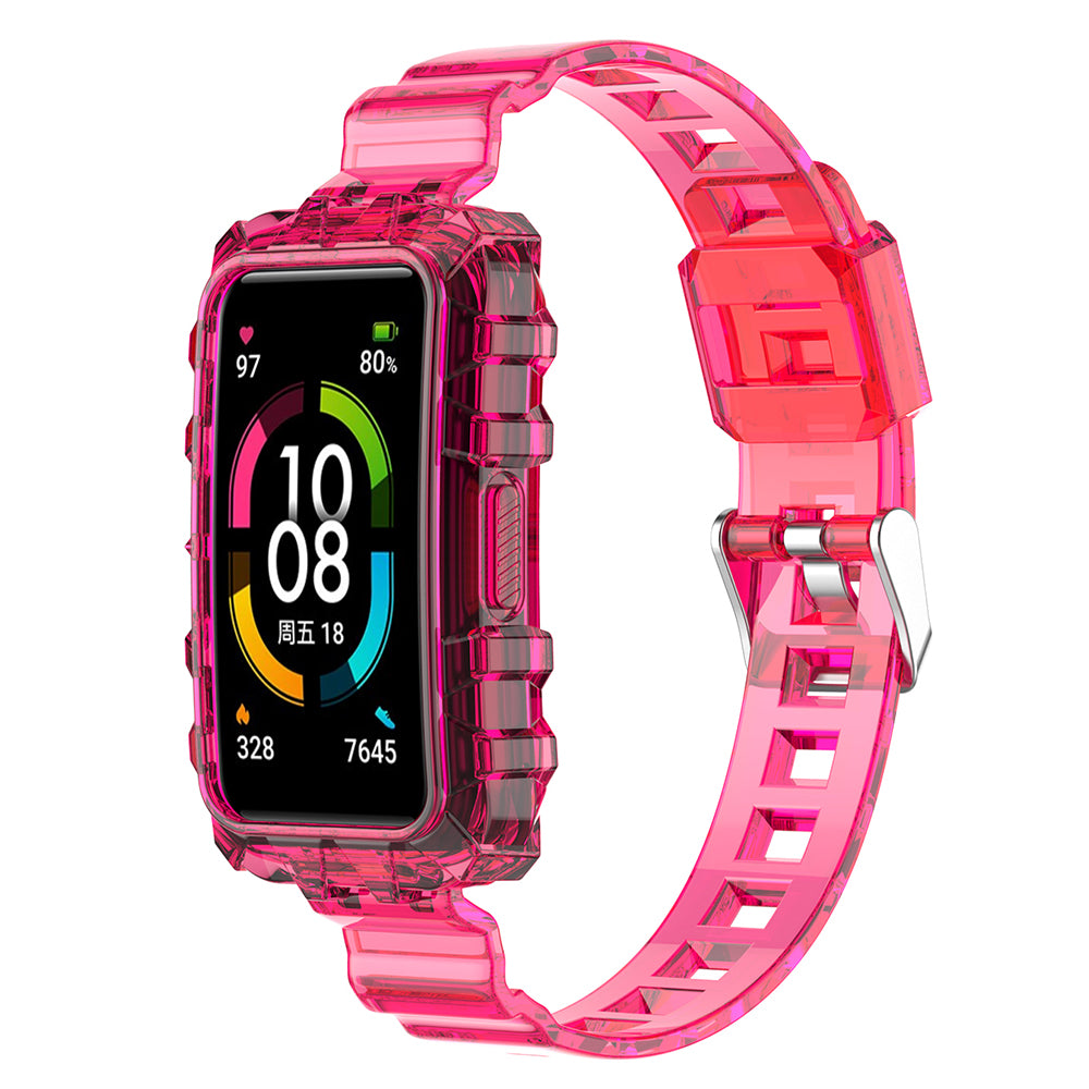 Uniqkart for Huawei Band 8 / Band 6 / Honor Band 7 / Band 6 / Band 6 Pro Clear TPU Wrist Band Integrated Strap with Watch Case - Transparent Red