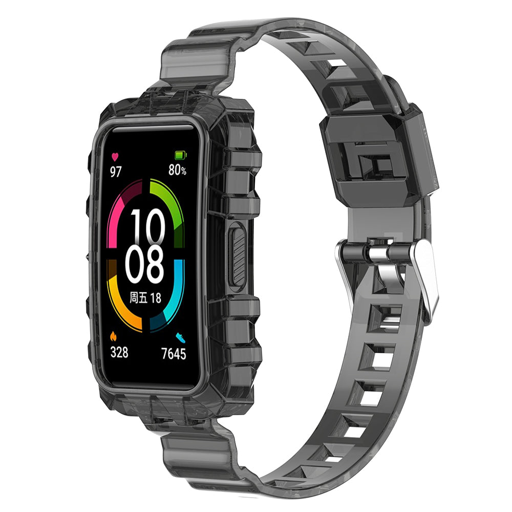 Uniqkart for Huawei Band 8 / Band 6 / Honor Band 7 / Band 6 / Band 6 Pro Clear TPU Wrist Band Integrated Strap with Watch Case - Transparent Black