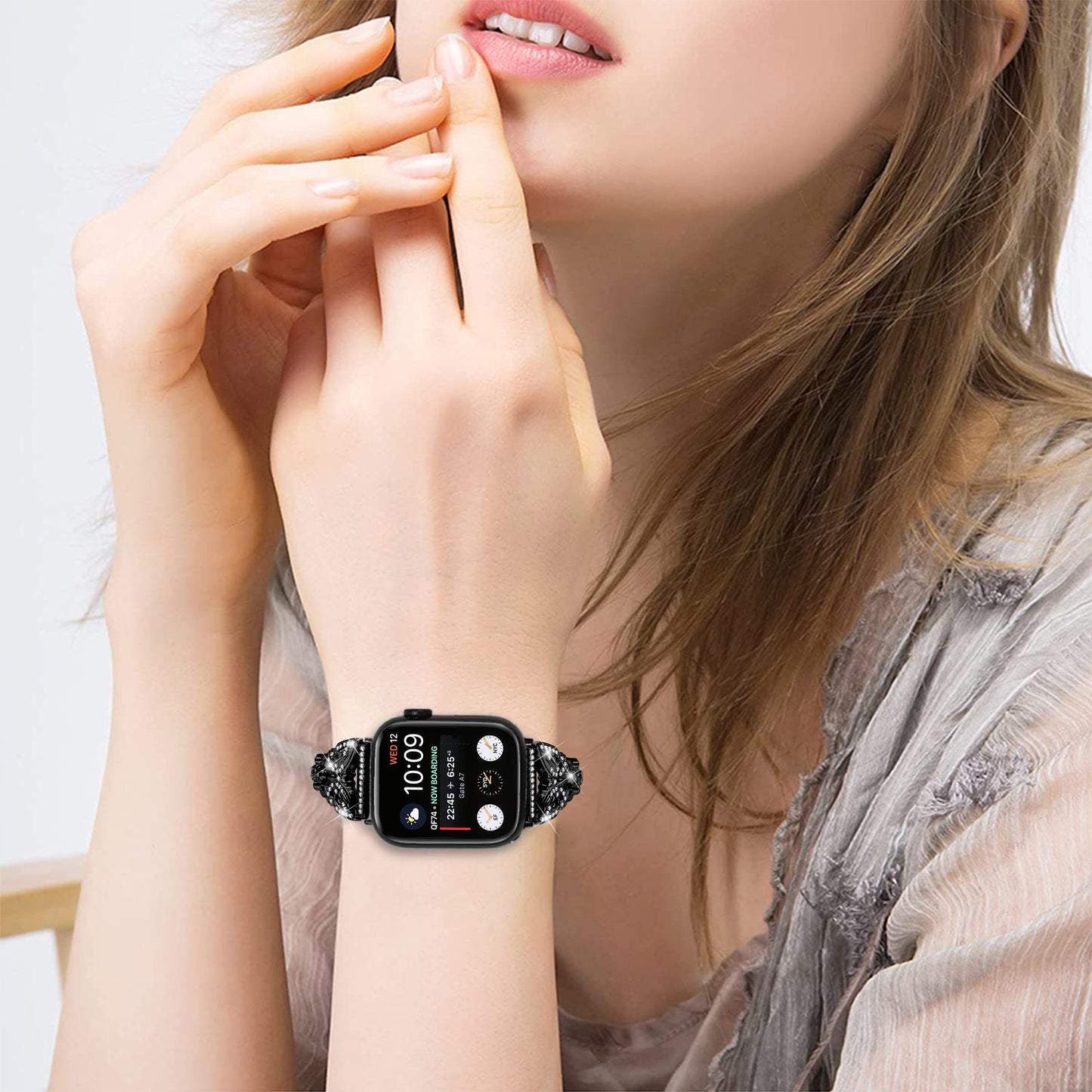 Watch Strap for Apple Watch Series 8 7 41mm / Series 6 5 4 SE (2022) SE 40mm / Series 3 2 1 38mm Butterfly Rhinestone Decor Stainless Steel Wristband - Black