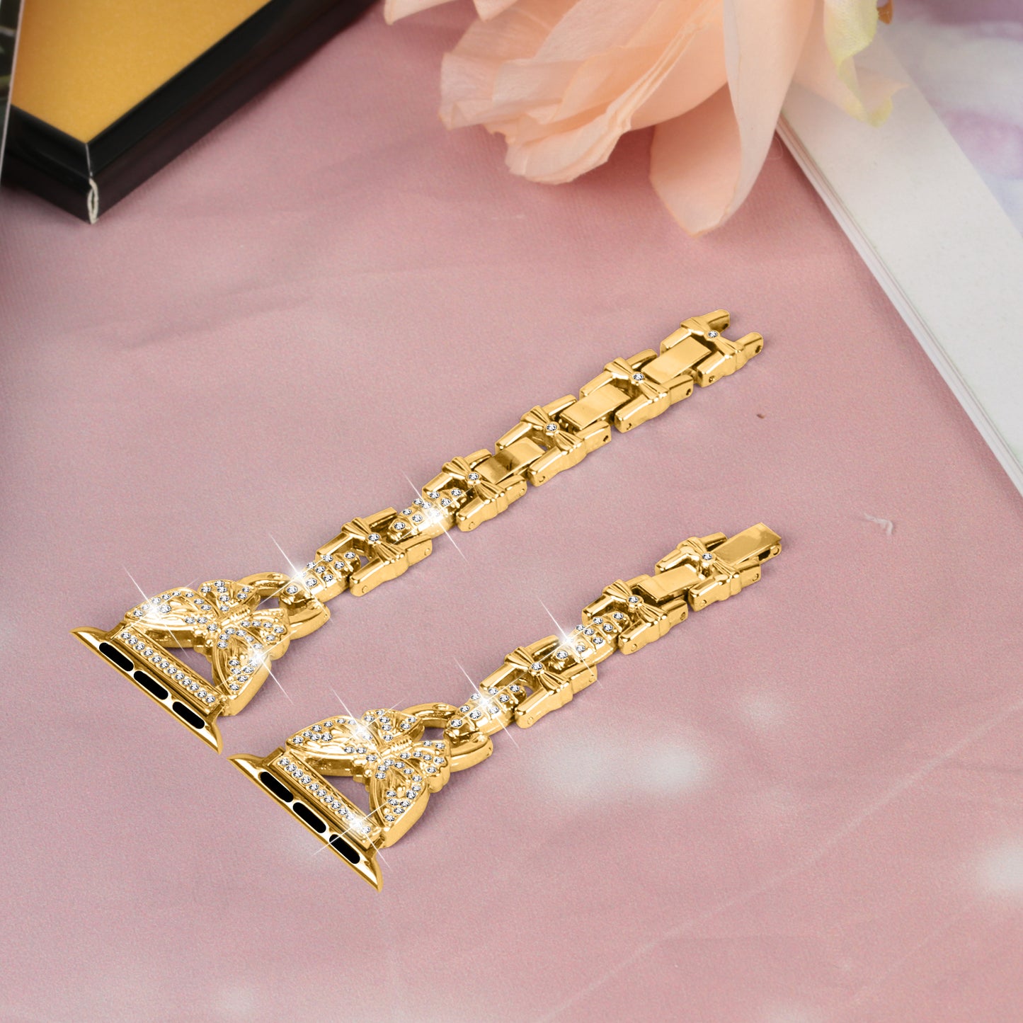 Watch Strap for Apple Watch Series 8 7 41mm / Series 6 5 4 SE (2022) SE 40mm / Series 3 2 1 38mm Butterfly Rhinestone Decor Stainless Steel Wristband - Gold
