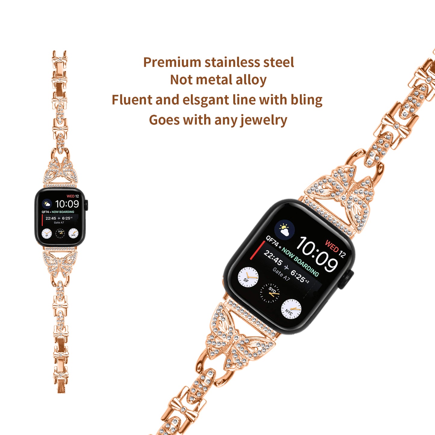 Watch Strap for Apple Watch Series 8 7 41mm / Series 6 5 4 SE (2022) SE 40mm / Series 3 2 1 38mm Butterfly Rhinestone Decor Stainless Steel Wristband - Rose Gold