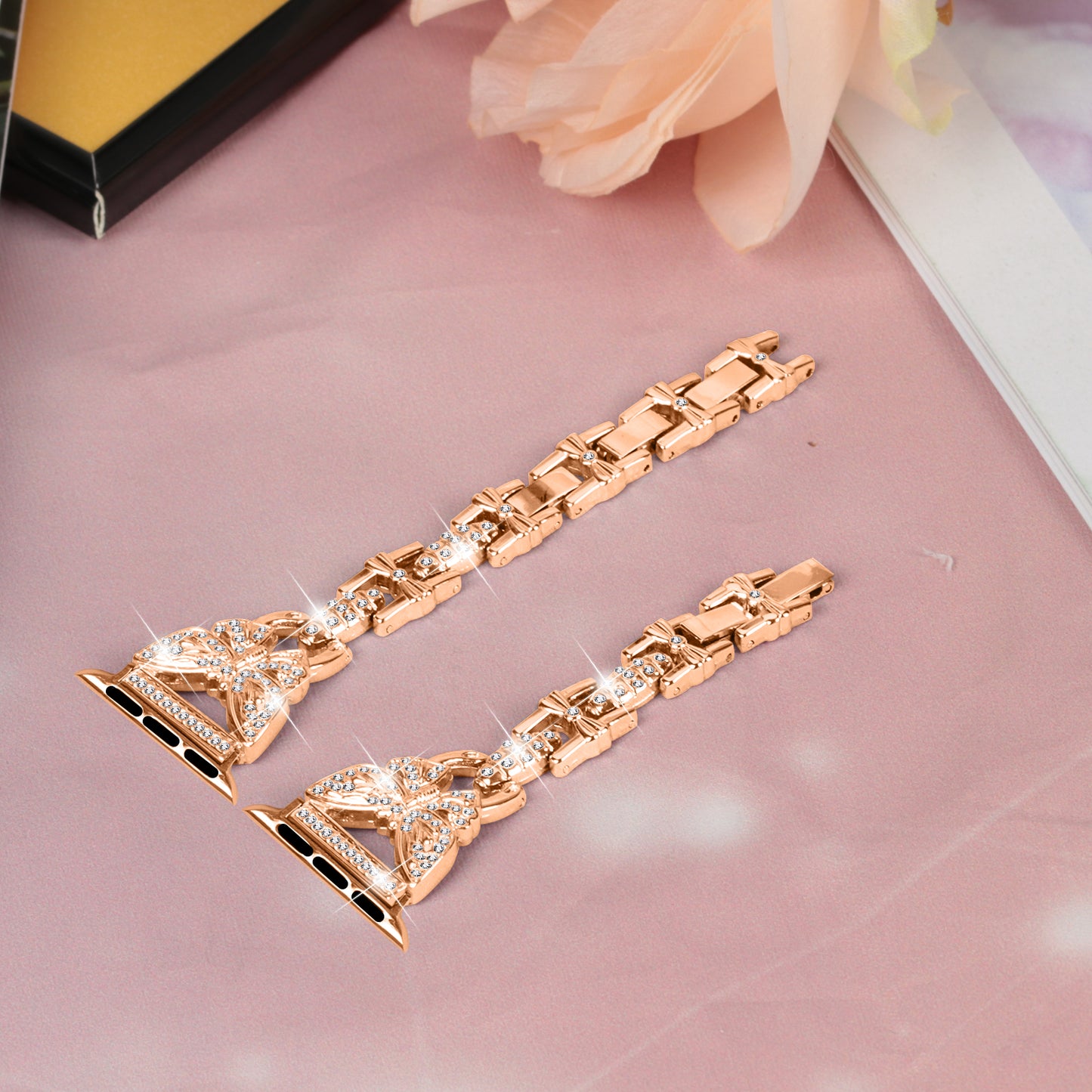 Watch Strap for Apple Watch Series 8 7 41mm / Series 6 5 4 SE (2022) SE 40mm / Series 3 2 1 38mm Butterfly Rhinestone Decor Stainless Steel Wristband - Rose Gold