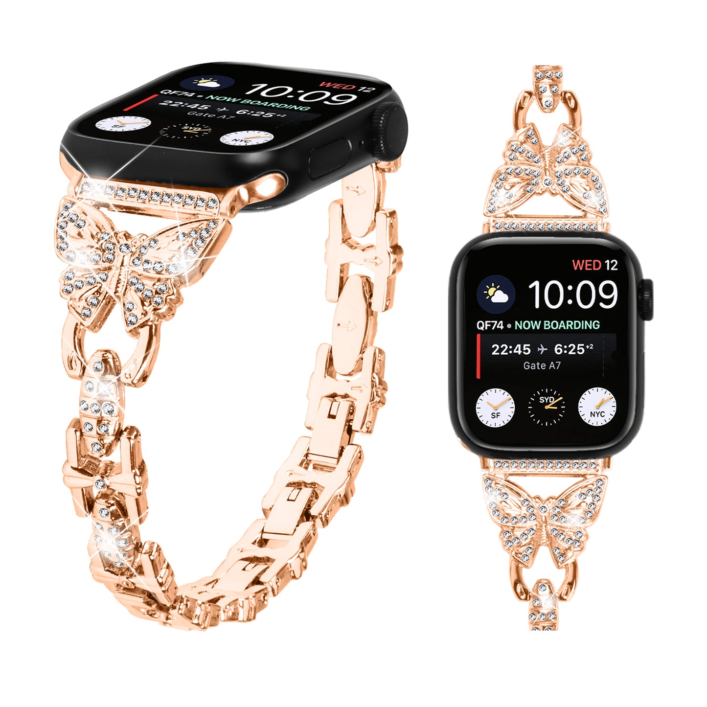 Watch Strap for Apple Watch Series 8 7 41mm / Series 6 5 4 SE (2022) SE 40mm / Series 3 2 1 38mm Butterfly Rhinestone Decor Stainless Steel Wristband - Rose Gold