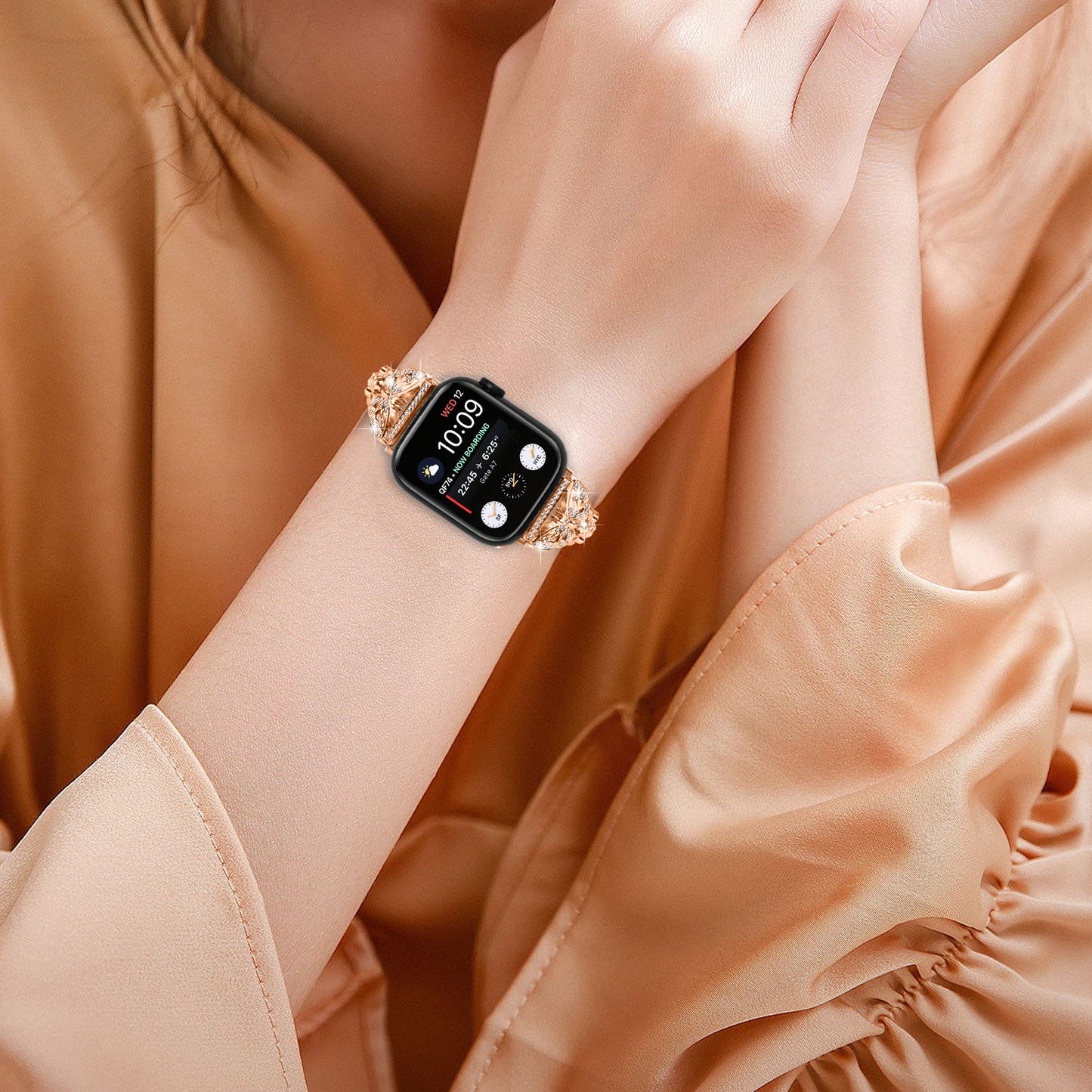 Watch Strap for Apple Watch Series 8 7 41mm / Series 6 5 4 SE (2022) SE 40mm / Series 3 2 1 38mm Butterfly Rhinestone Decor Stainless Steel Wristband - Rose Gold
