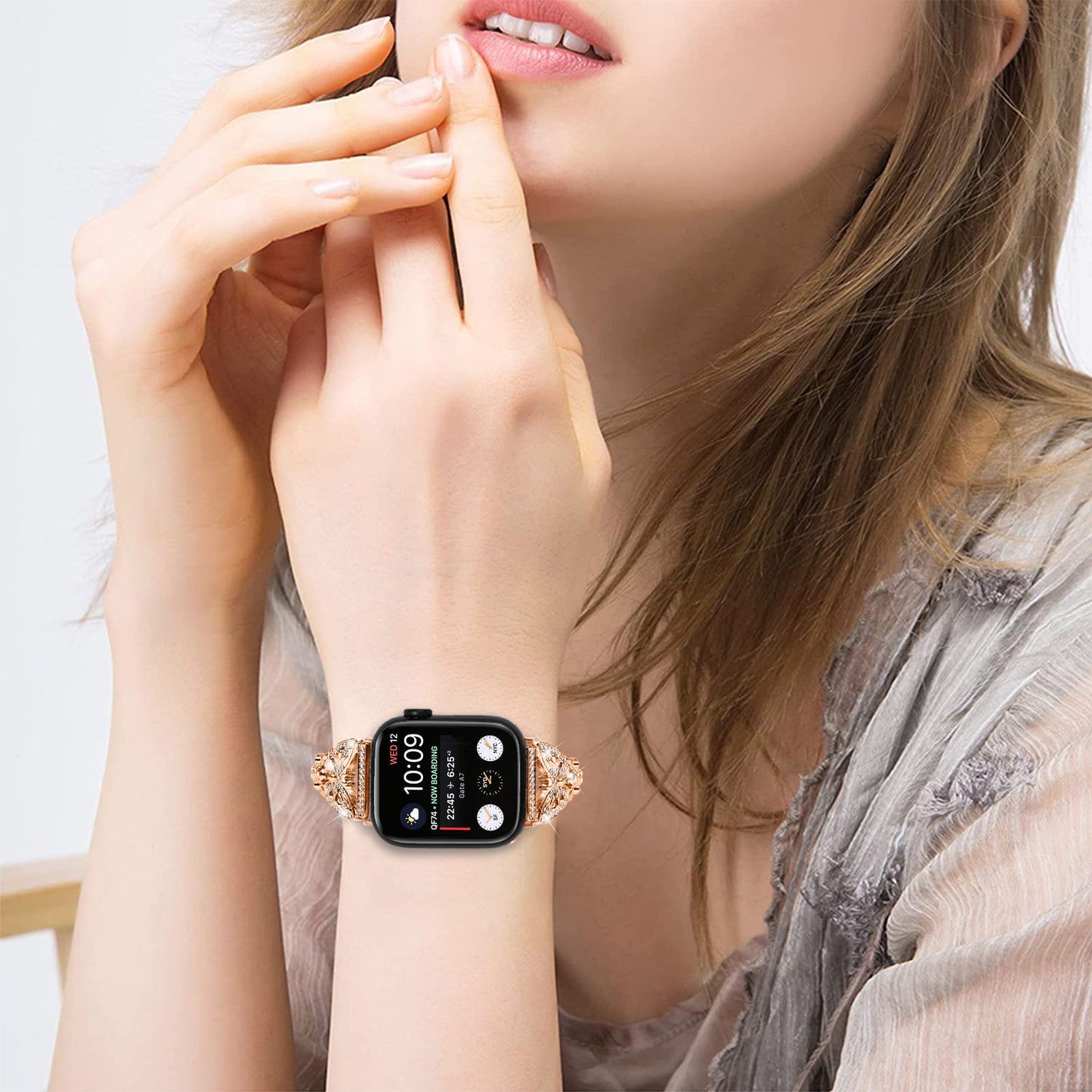 Watch Strap for Apple Watch Series 8 7 41mm / Series 6 5 4 SE (2022) SE 40mm / Series 3 2 1 38mm Butterfly Rhinestone Decor Stainless Steel Wristband - Rose Gold