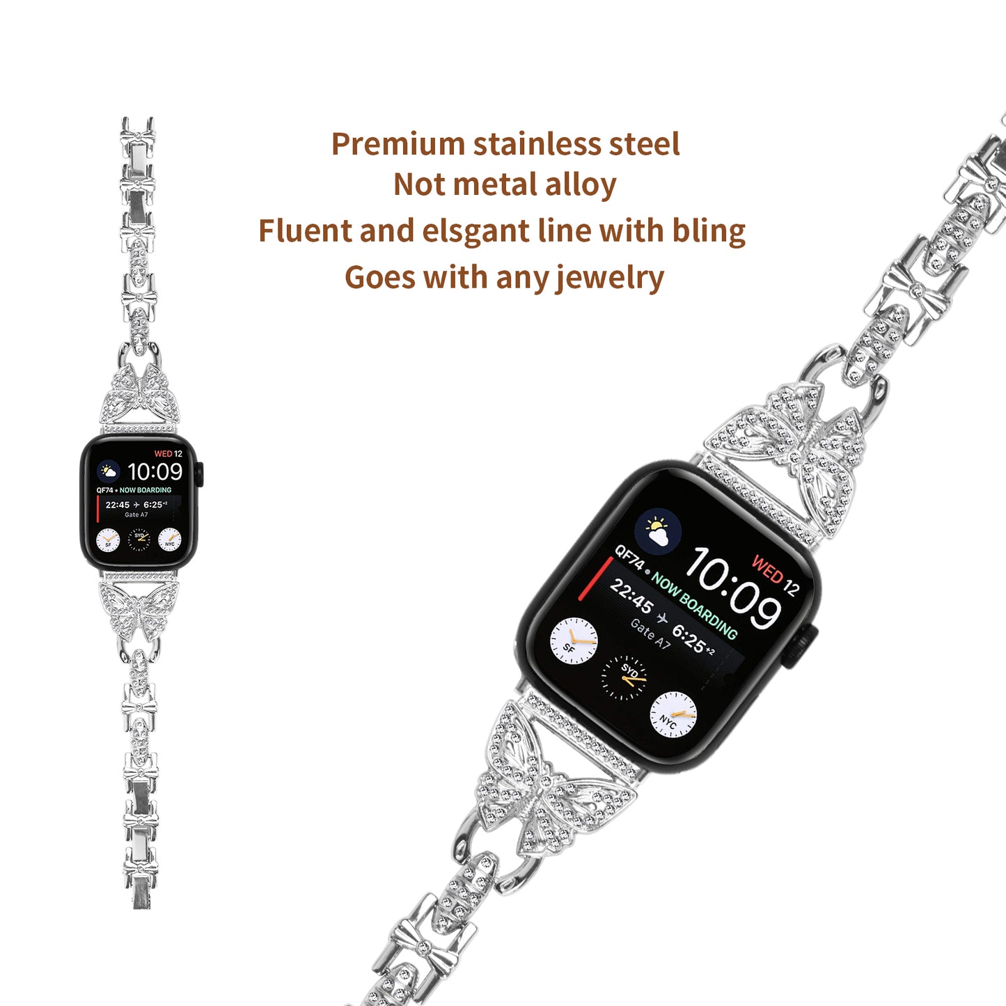 Watch Strap for Apple Watch Series 8 7 41mm / Series 6 5 4 SE (2022) SE 40mm / Series 3 2 1 38mm Butterfly Rhinestone Decor Stainless Steel Wristband - Silver