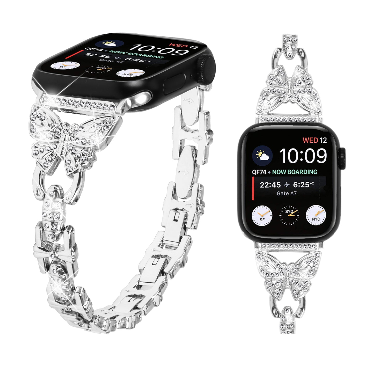 Watch Strap for Apple Watch Series 8 7 41mm / Series 6 5 4 SE (2022) SE 40mm / Series 3 2 1 38mm Butterfly Rhinestone Decor Stainless Steel Wristband - Silver