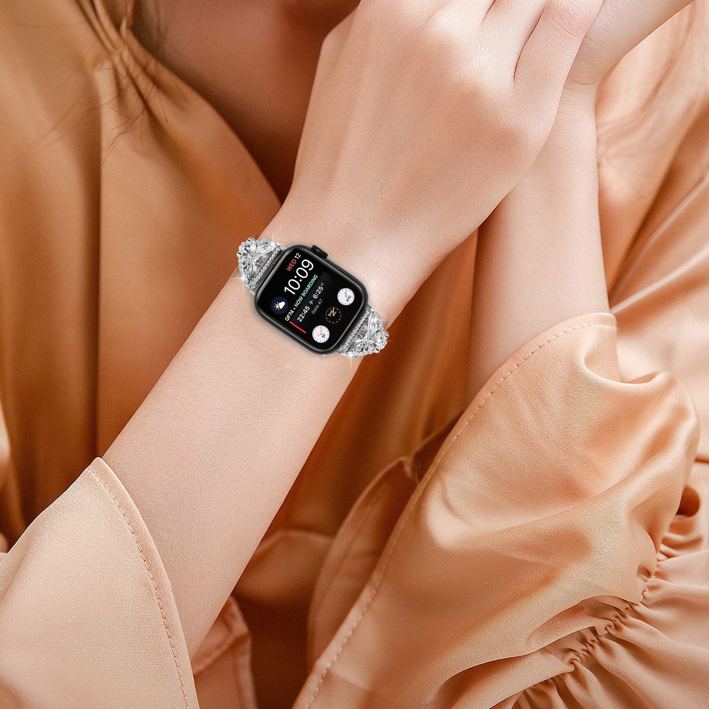 Watch Strap for Apple Watch Series 8 7 41mm / Series 6 5 4 SE (2022) SE 40mm / Series 3 2 1 38mm Butterfly Rhinestone Decor Stainless Steel Wristband - Silver
