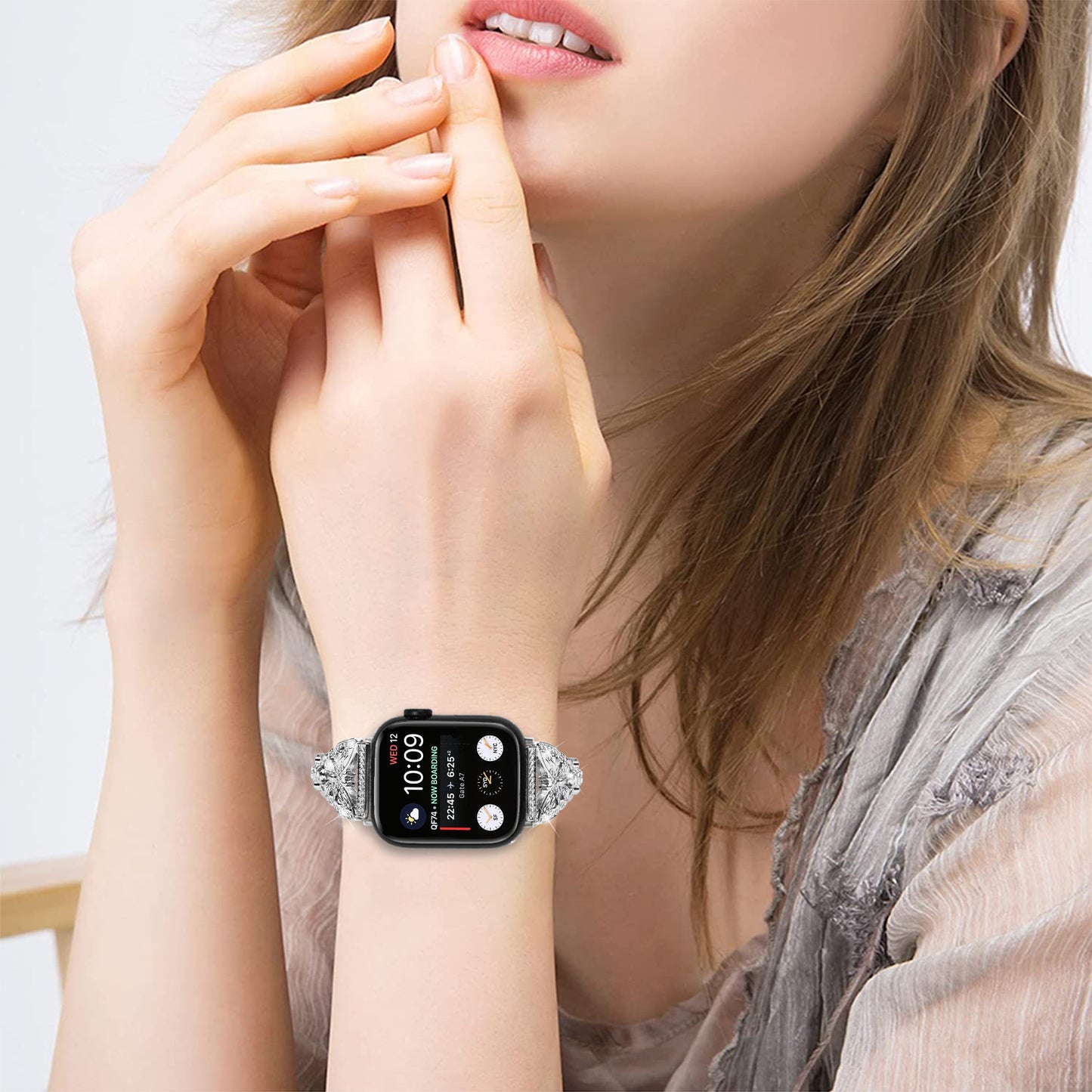 Watch Strap for Apple Watch Series 8 7 41mm / Series 6 5 4 SE (2022) SE 40mm / Series 3 2 1 38mm Butterfly Rhinestone Decor Stainless Steel Wristband - Silver
