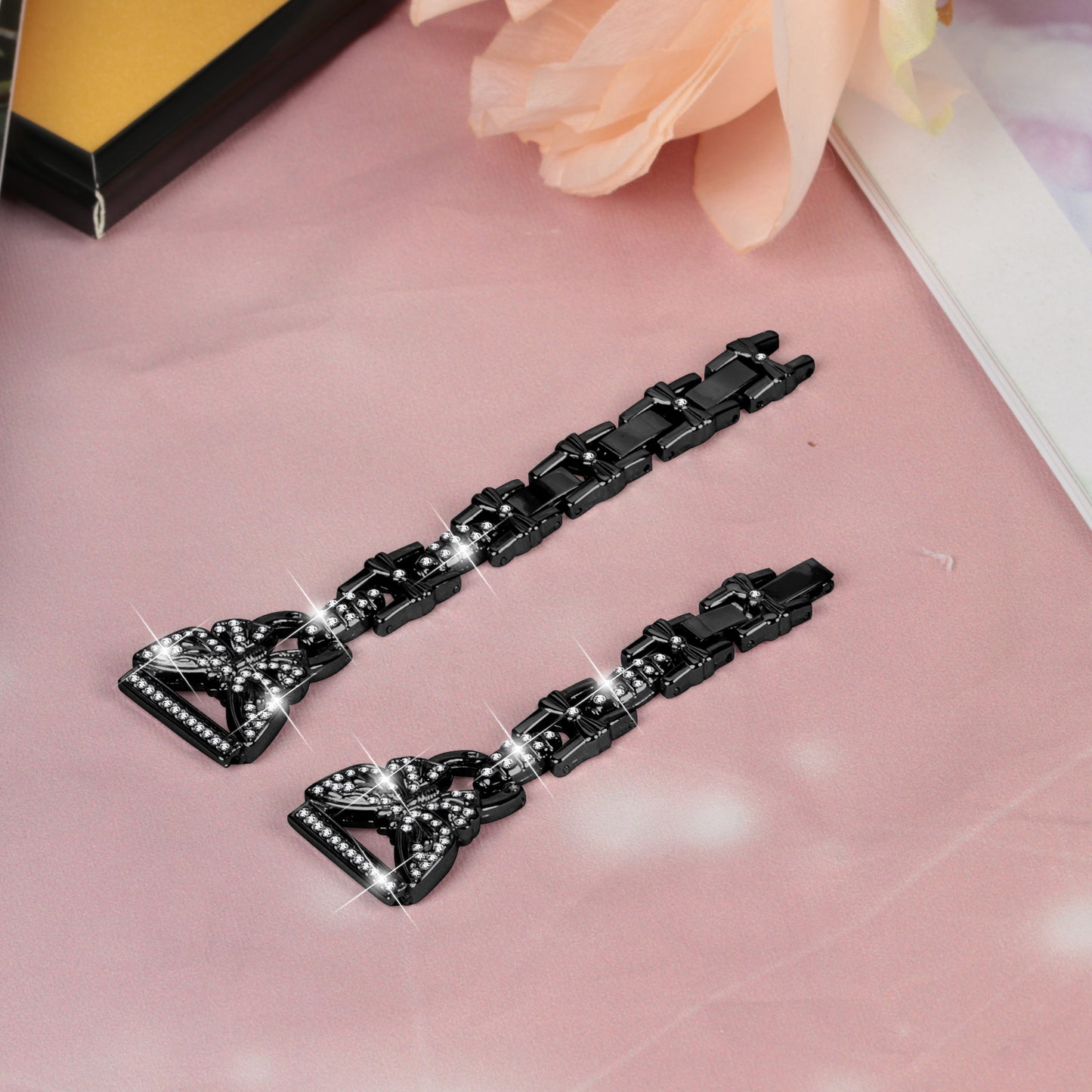 Uniqkart for Samsung Galaxy Watch6 40mm 44mm Stainless Steel Watch Strap Butterfly Rhinestone Decor 20mm Metal Band - Black