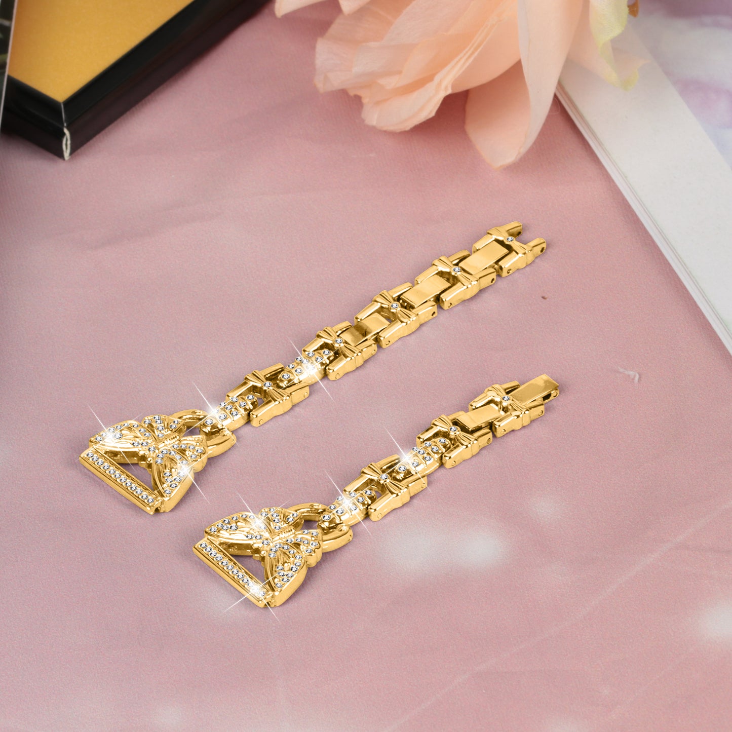 Uniqkart for Samsung Galaxy Watch6 40mm 44mm Stainless Steel Watch Strap Butterfly Rhinestone Decor 20mm Metal Band - Gold
