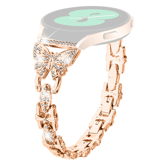 Uniqkart for Samsung Galaxy Watch6 40mm 44mm Stainless Steel Watch Strap Butterfly Rhinestone Decor 20mm Metal Band - Rose Gold