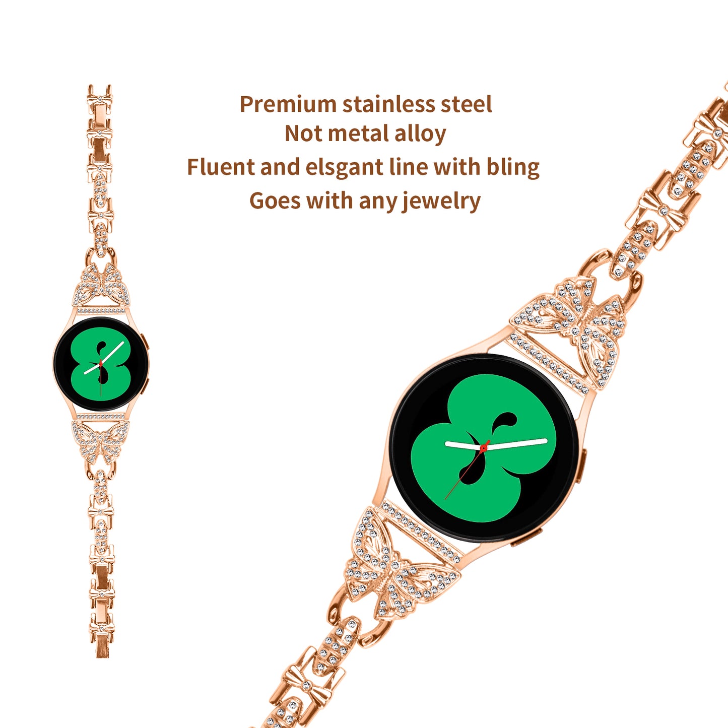 Uniqkart for Samsung Galaxy Watch6 40mm 44mm Stainless Steel Watch Strap Butterfly Rhinestone Decor 20mm Metal Band - Rose Gold